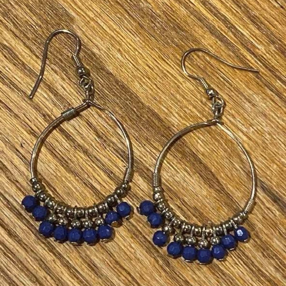 Gold Hoop Earrings with Navy Blue Beaded Bangles